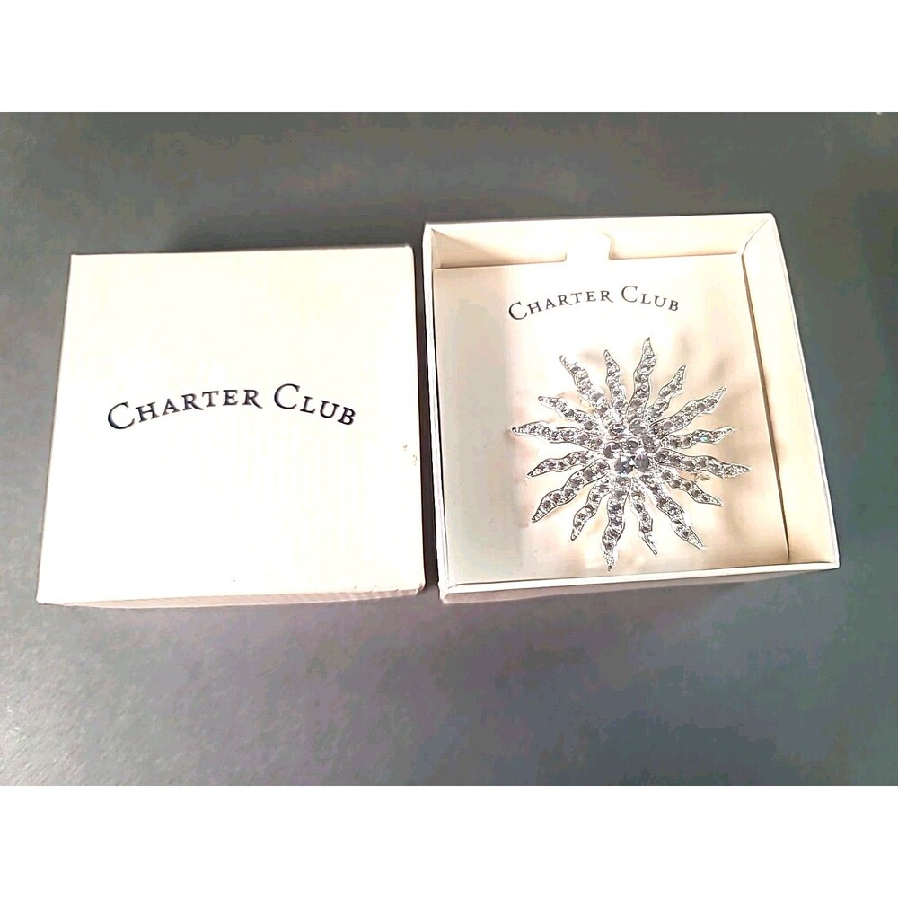 New NIB Vintage Charter Club Brooch Silvertone Crystal Starburst Pin